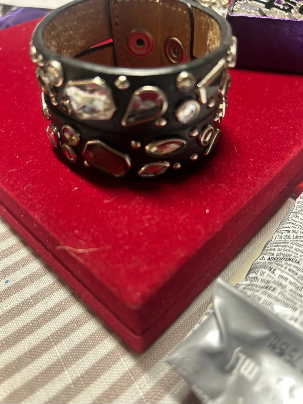 Black Leather Wrap Bracelet with Clear Gem Accents and earrings